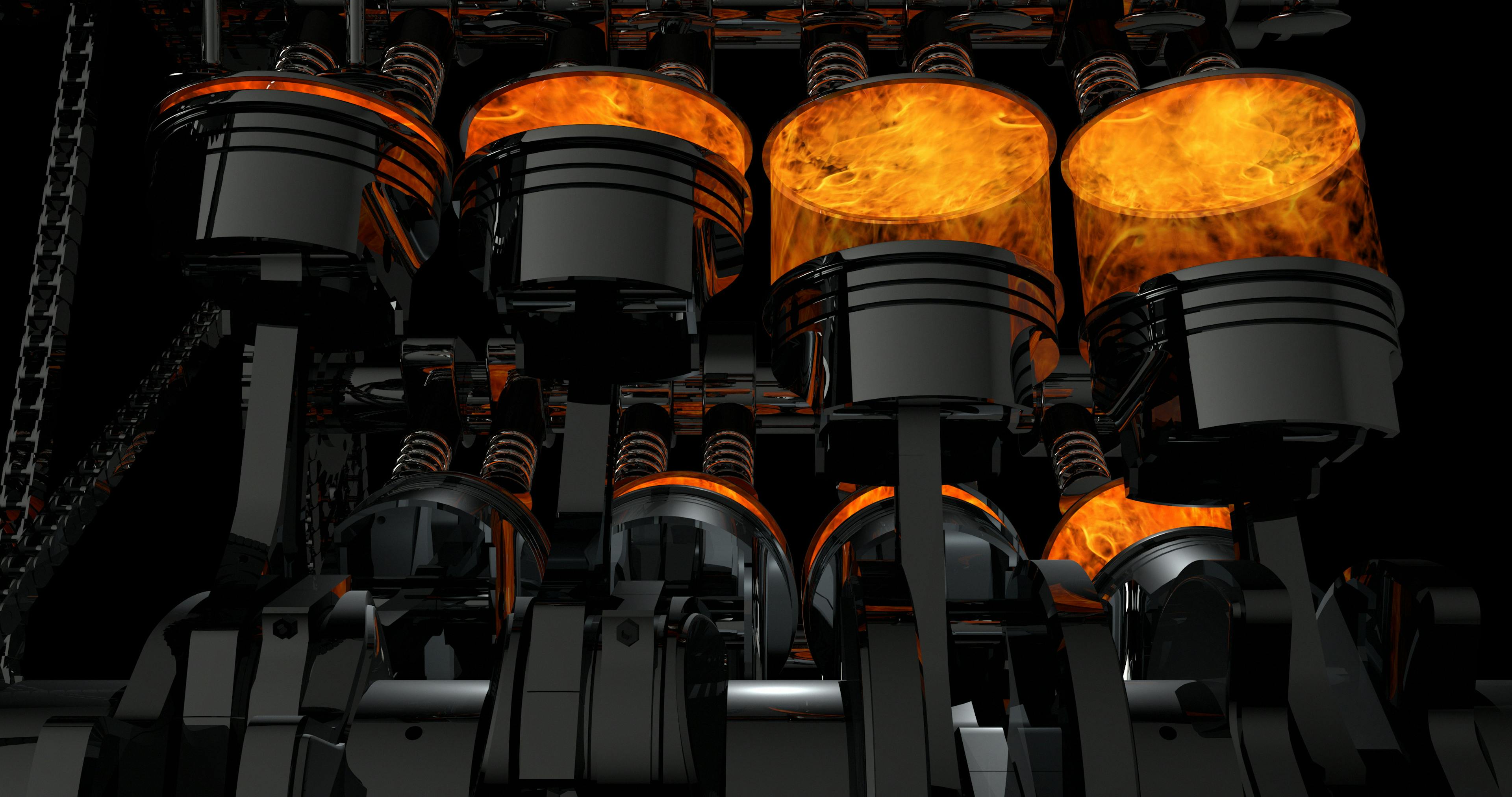 3D-modell av en fungerande V8-motor. Kolvar och andra mekaniska delar är i rörelse.